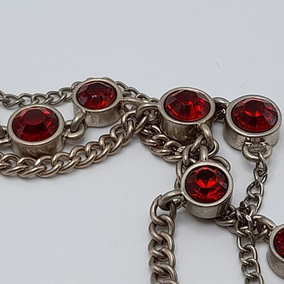 Chico's Red Rhinestone Necklace, Three Strands, Gold Tone, 22 Inches - Picture 7 of 10
